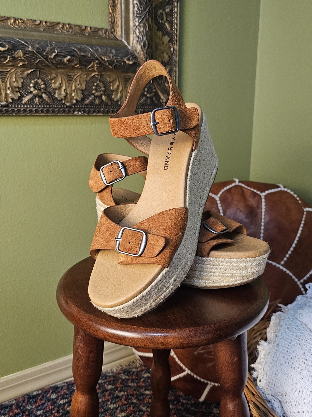 Lucky Brand Naveah Brown Suede Espadrille Platform Wedge Sandals 7.5